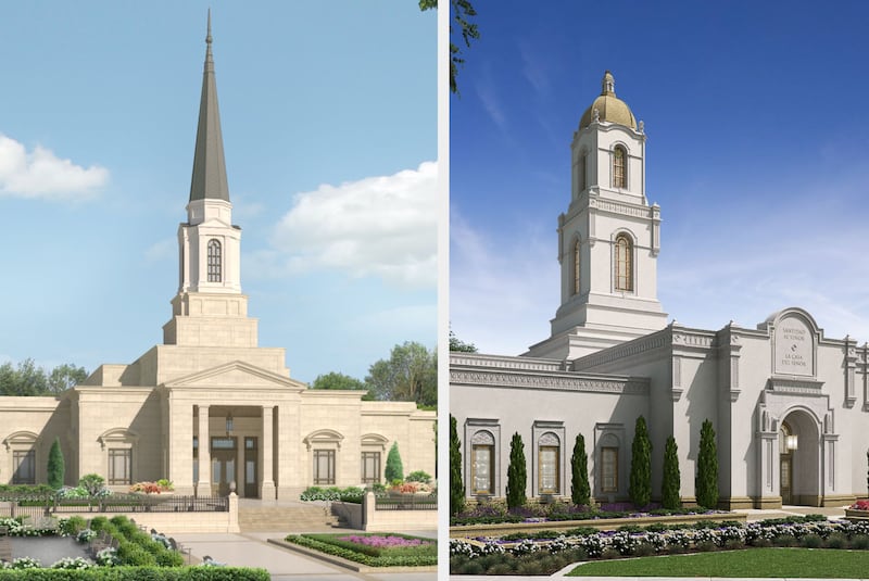 Renderings exteriores del Templo de Cincinnati Ohio, izquierda, y del Templo de La Paz Bolivia, derecha.