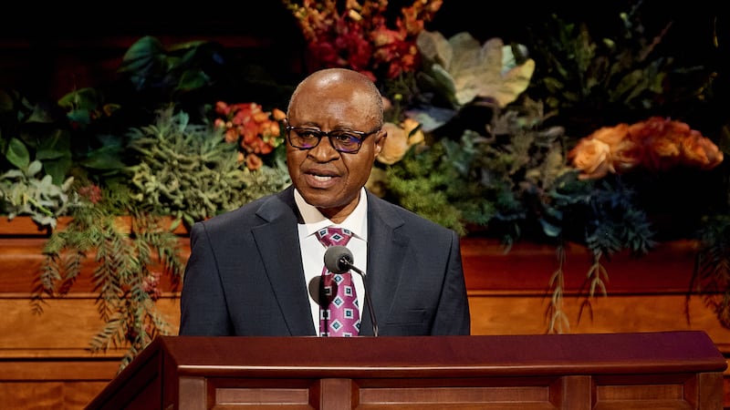 Elder Alfred Kyungu speaks during October 2026 general conference on Sunday morning in the Conference Center in Salt Lake City on Oct. 4, 2026.