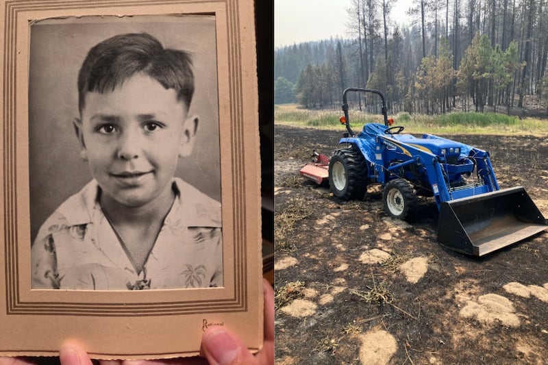 A la izquierda, una foto de la infancia del padre de Andrea Abeyta, Corn Abeyta, que ella salvó de su casa antes de que fuera destruida en uno de los incendios forestales de Spokane a principios de agosto. A la derecha, el tractor de su difunto padre sobrevivió el incendio sin daños.