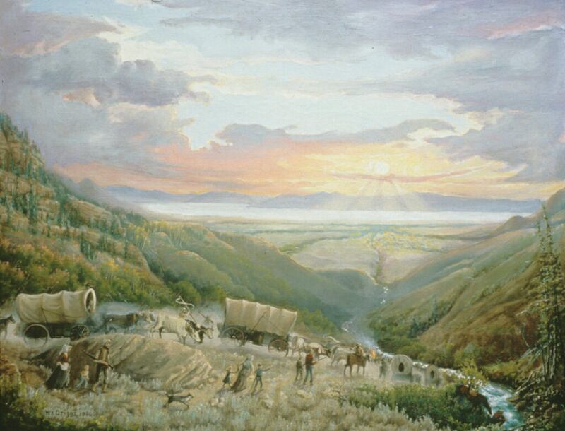 Esta pintura representa a los pioneros que ingresan al Valle del Lago Salado a través del Cañón de la Emigración en julio de 1847.