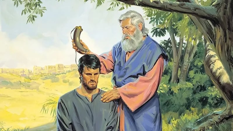 "Ilustración de Samuel ungiendo a Saúl" es de P. Mann.
