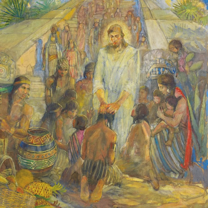 A Minerva Teichert painting shows Jesus Christ blessing the Nephites one by one.