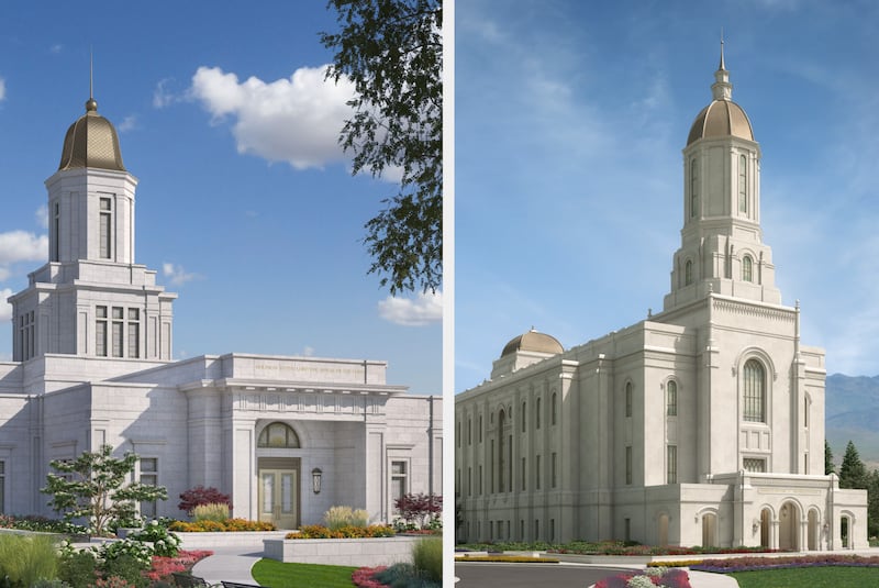 Representaciones arquitectónicas del Templo de Knoxville Tennessee, a la izquierda, y el Templo de Smithfield Utah, a la derecha.