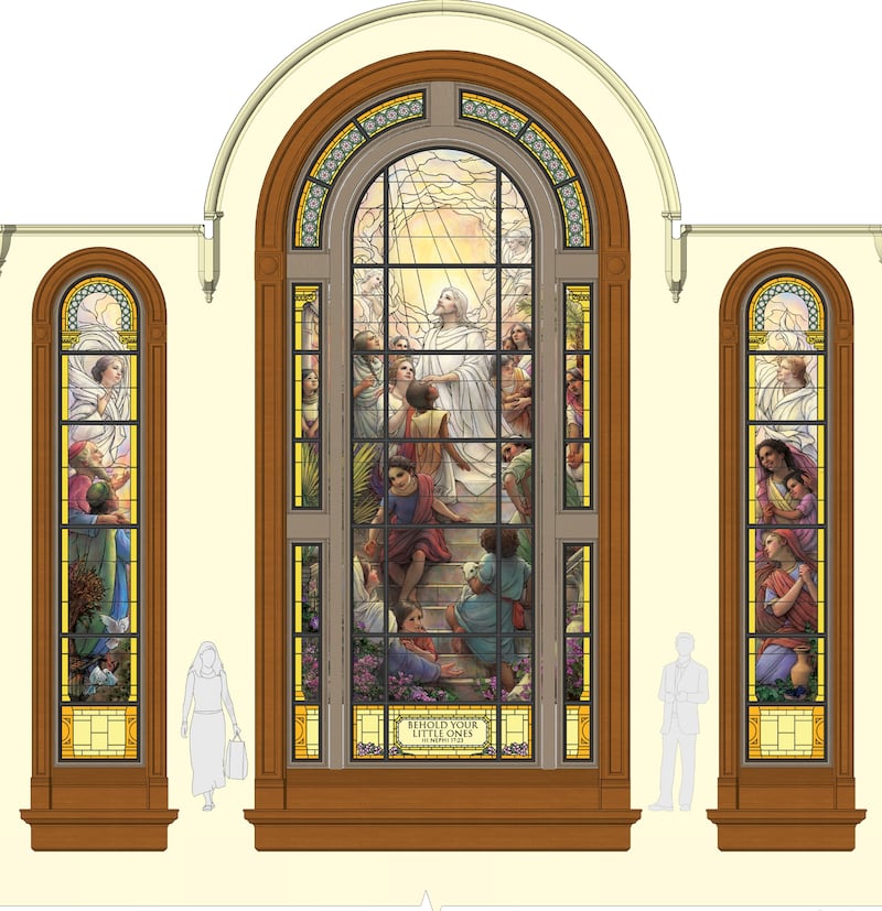 Representación artística de los vitrales instalados recientemente en los edificios de la entrada del templo en el lado norte de la Manzana del Templo en Salt Lake City.