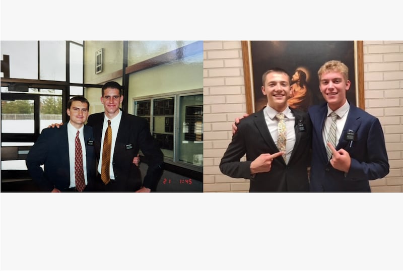 Dos fotos muestran a dos padres en sus misiones en Ohio y a sus hijos en sus misiones en Argentina.