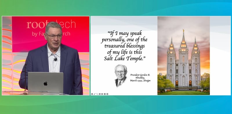 Shaun Stahle habla en una clase en RootsTech 2026 titulada "Cada piedra, un sermón: contemplando el futuro incomprensible del Templo de Salt Lake", el 7 de marzo de 2026, en el Centro de Convenciones Salt Palace en Salt Lake City.