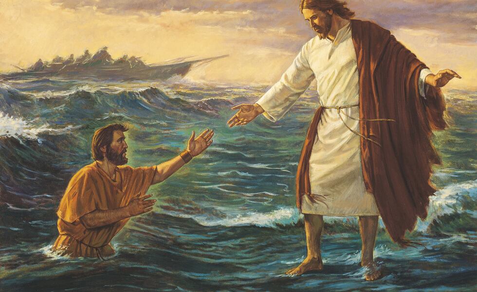 En una representación de Robert T. Barrett, Jesucristo, caminando sobre el agua, extiende la mano para rescatar a Pedro después de pedirle al discípulo que viniera a él.