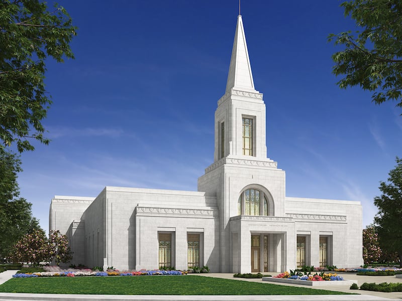 Una representación exterior del Templo de Fort Bend, Texas.