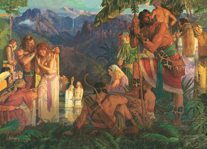 "Alma bautiza en las aguas de Mormón", por Arnold Friberg