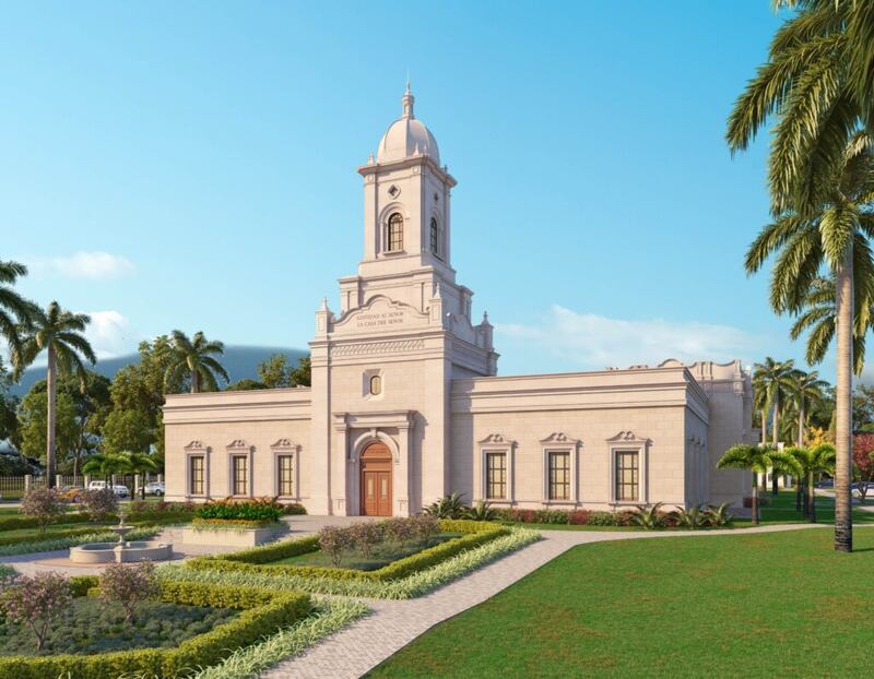 Una representación del Templo de San Pedro Sula, Honduras. Se dará la primera palada para el segundo templo en Honduras el 5 de septiembre de 2020.