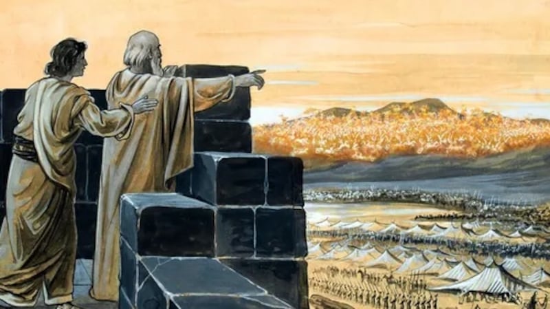 Una ilustración de Eliseo mostrando a su siervo los carros de fuego.