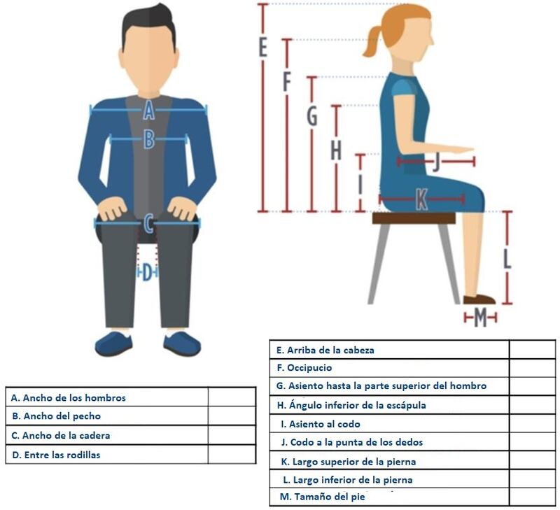 Este gráfico muestra algunas de las formas de medir y adaptar correctamente a alguien a la silla de ruedas del tamaño adecuado.