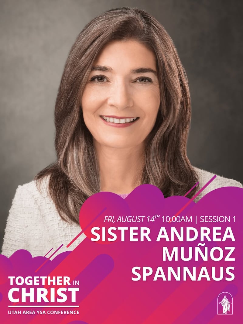 La hermana Andrea Muñoz Spannaus, segunda consejera de la presidencia general de Mujeres Jóvenes, se anuncia como oradora principal de la Conferencia de Adultos Jóvenes del Área de Utah de 2026 en una publicación de redes sociales del 24 de julio.