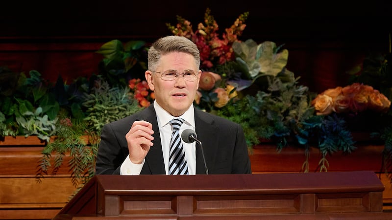 Bishop Sean Douglas, second counselor in the Presiding Bishopric, speaks during the Saturday morning session of the 196th Semiannual General Conference of The Church of Jesus Christ of Latter-day Saints in the Conference Center in Salt Lake City on Oct. 3, 2026.