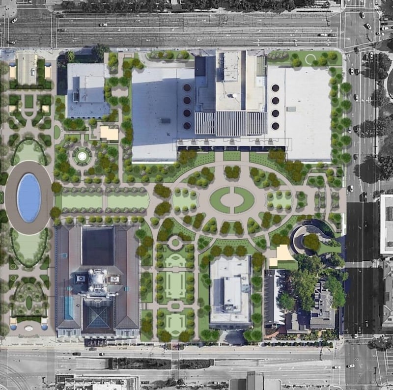 Una representación artística aérea muestra la renovada plaza del edificio de las oficinas de la Iglesia. La construcción comienza en enero del 2021.