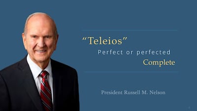 Una diapositiva utilizada por el élder Gerrit W. Gong en su presentación del sábado, 27 de junio de 2020, durante el Seminario de Liderazgo Misional 2020, que dice: “Teleios”: Perfecto o perfeccionado. Completo. Presidente Russel M. Nelson.