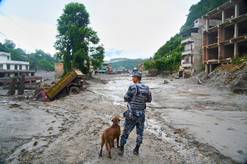 Un policía con un perro de búsqueda observa los daños causados por las inundaciones repentinas en Devighat en el distrito de Nuwakot en Nepal, jueves, 27 de agosto de 2026.