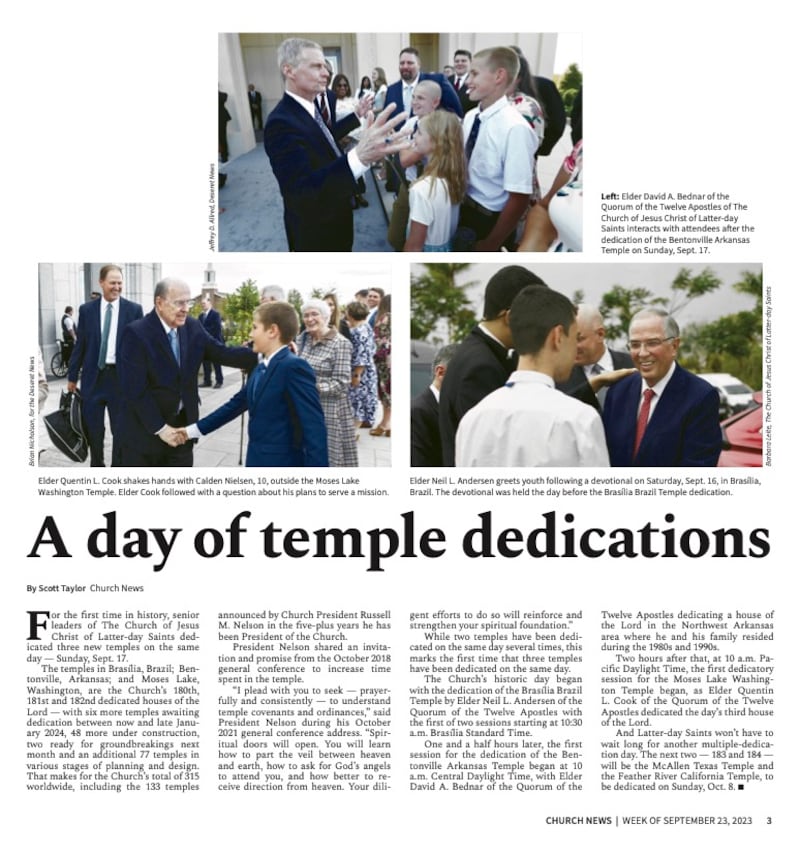 Una página del Church News de una edición de 2023 informa sobre las dedicaciones históricas el mismo día de 3 templos.