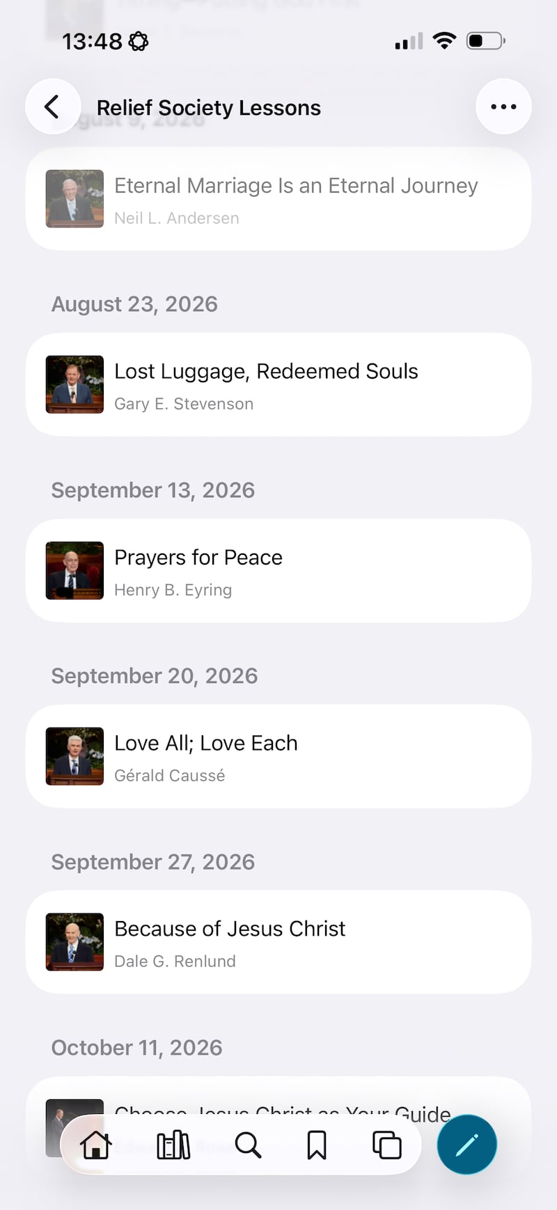 Una captura de pantalla de la aplicación Gospel Library muestra los discursos de la Conferencia General que se estudiarán en las próximas semanas para una Sociedad de Socorro de rama en agosto, septiembre y octubre de 2026.