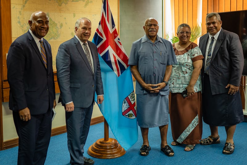 Elder Ronald A. Rasband of the Quorum of the Twelve Apostles and Elder Taniela Wakolo of the Pacific Area presidency meet with Fijian Prime Minister Hon. Sitiveni Rabuka, center right, in Suva, Fiji, on Monday, March 25, 2024.