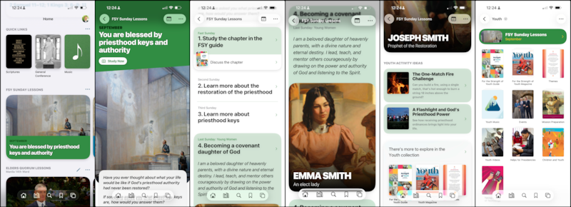 Las capturas de pantalla apiladas muestran la tarjeta de Lecciones Dominicales de Campamento de Verano en la pantalla de inicio de la aplicación Gospel Library y luego cómo se ven esas lecciones en la aplicación, además de los materiales complementarios de la revista de jóvenes a partir de septiembre de 2026.