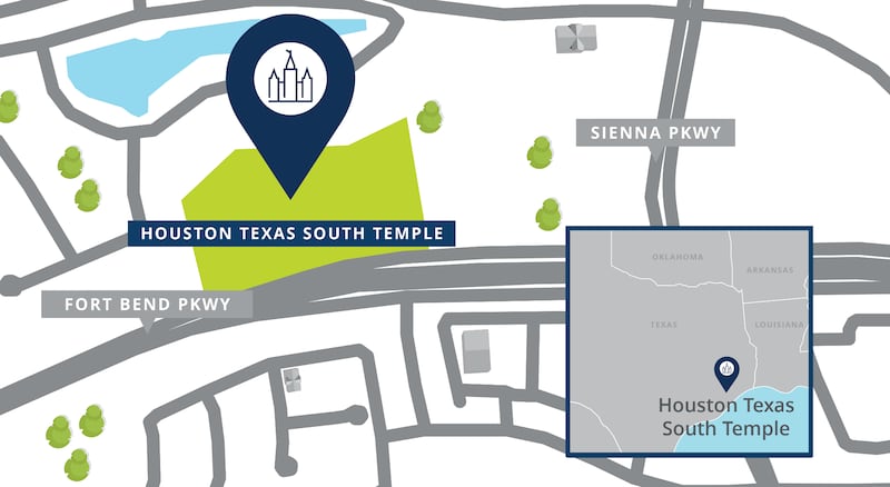 Un mapa del sitio del Templo de Houston Texas Sur, con carreteras cercanas.