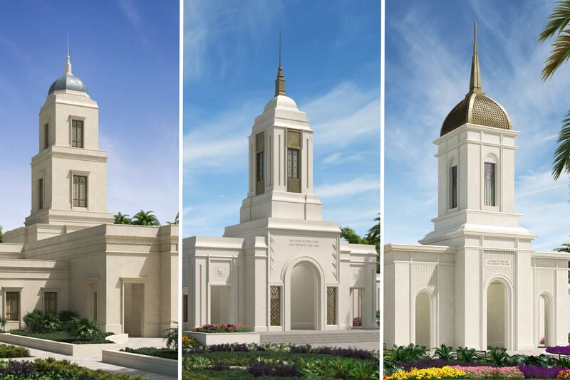 De izquierda a derecha, representaciones exteriores del Templo de Naga, Filipinas; del Templo de Santiago, Filipinas; y del Templo de Iloilo, Filipinas.