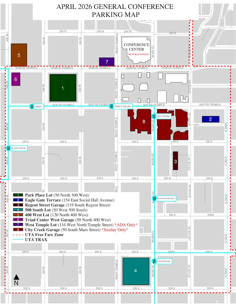 Un mapa muestra el estacionamiento disponible para la conferencia general de abril de 2026.