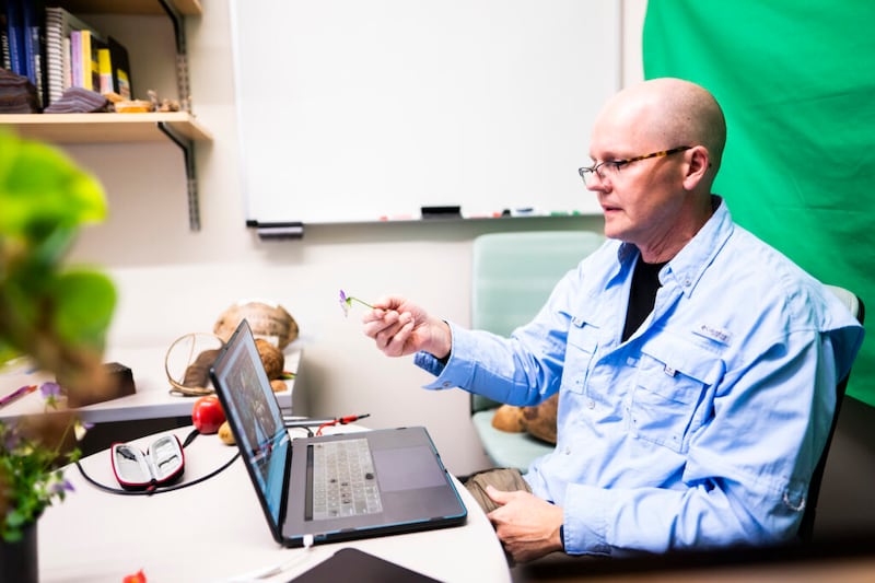 El Dr. Leigh Johnson enseña sobre la diversidad biológica de las plantas utilizando la plataforma Zoom durante la primera semana de clases en línea luego de que BYU diera la instrucción a sus estudiantes, en marzo de 2020, de terminar el semestre en sus hogares debido a la pandemia del coronavirus.