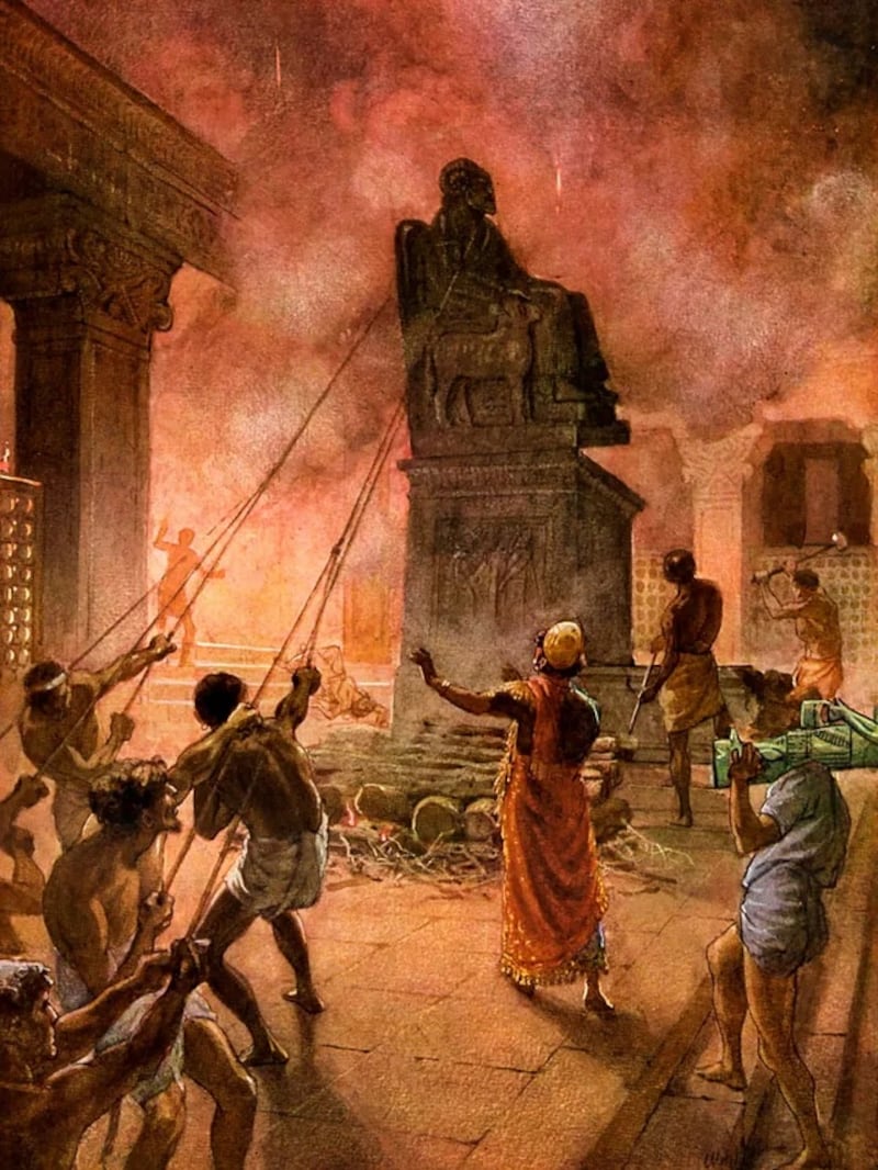 Esta ilustración del pueblo de Josías removiendo ídolos de la ciudad es de William Hole.