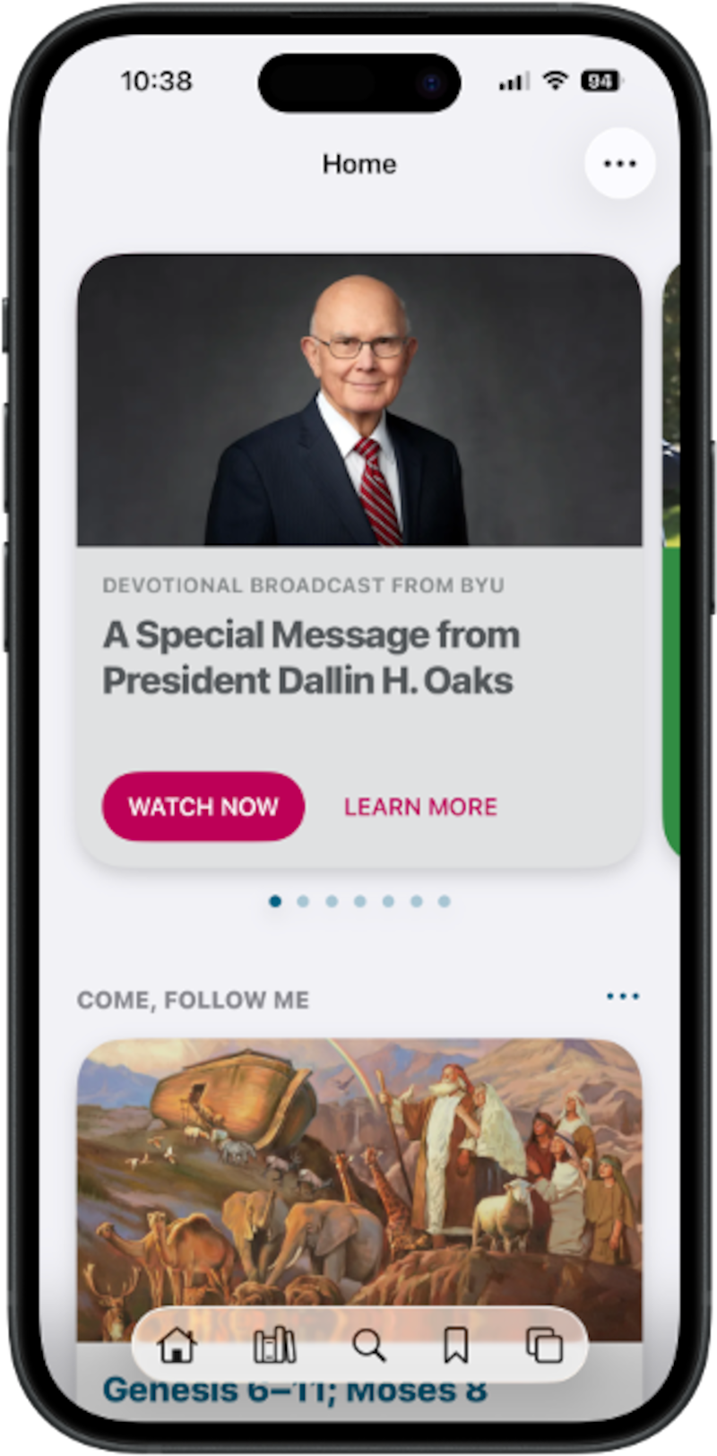 Una captura de pantalla de la aplicación Biblioteca del Evangelio muestra un mensaje del presidente Dallin H. Oaks y la lección de "Ven, sígueme".