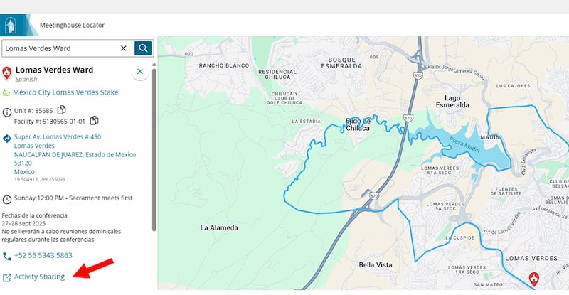 Un gráfico de una flecha roja indica dónde las personas pueden encontrar enlaces a las páginas web de barrio. Las páginas de barrio son accesibles al público y contienen enlaces a las próximas actividades y servicios de adoración de la Iglesia.
