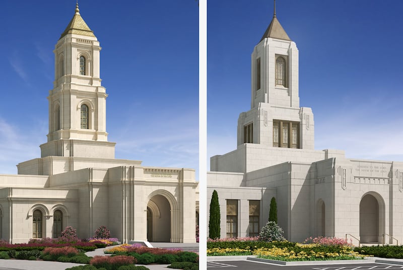 Representaciones arquitectónicas del Templo de Cody, Wyoming (izquierda), y del Templo de Wichita, Kansas (derecha).