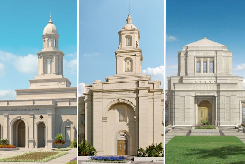 Representaciones arquitectónicas de, de izquierda a derecha, el Templo de Managua, Nicaragua; el Templo de Miraflores, Ciudad de Guatemala, Guatemala; y el Templo de Belo Horizonte, Brasil.