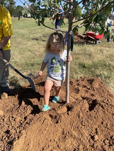 Una joven miembro de la Estaca Bartlesville Oklahoma planta un árbol en Lisa Johnson Parkway en Bartlesville, Oklahoma, el 9 de septiembre de 2023. El proyecto fue parte del Día Nacional de Servicio del 11 de septiembre.