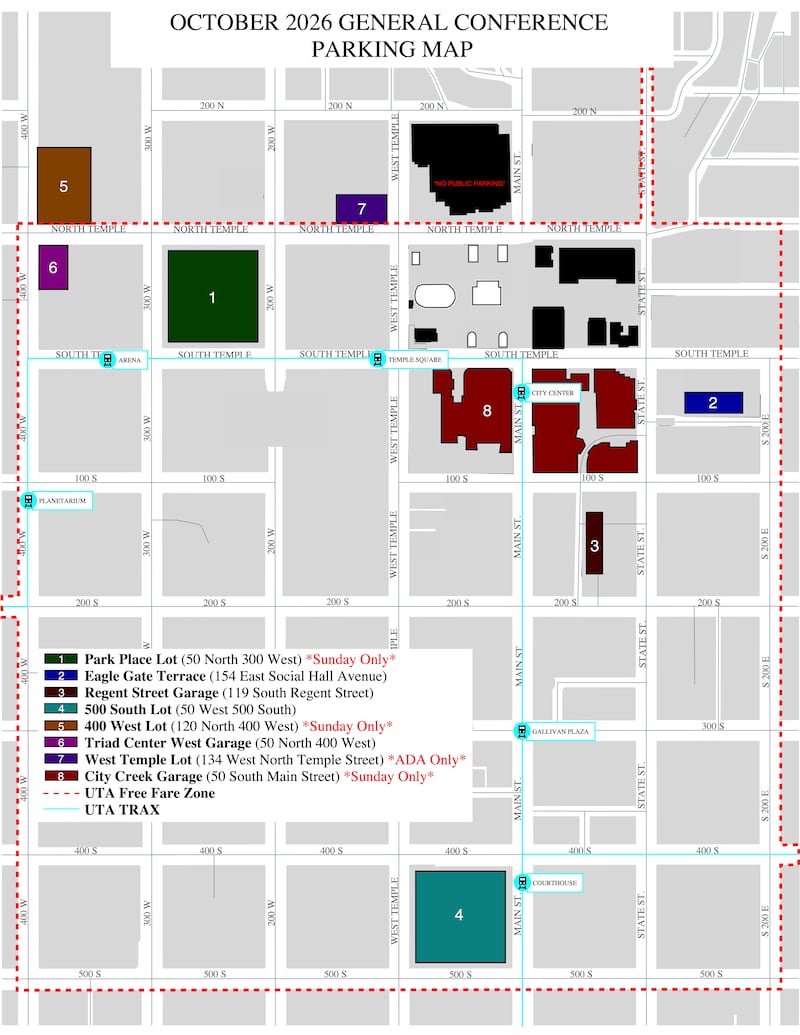 Un mapa muestra el estacionamiento disponible en el centro de Salt Lake City para la Conferencia General Anual de octubre de 2026, del 3 al 4 de octubre de 2026.