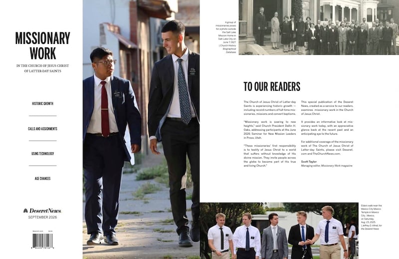 La portada y una página interior de la revista de septiembre de 2026 Missionary Work en La Iglesia de Jesucristo de los Santos de los Últimos Días.