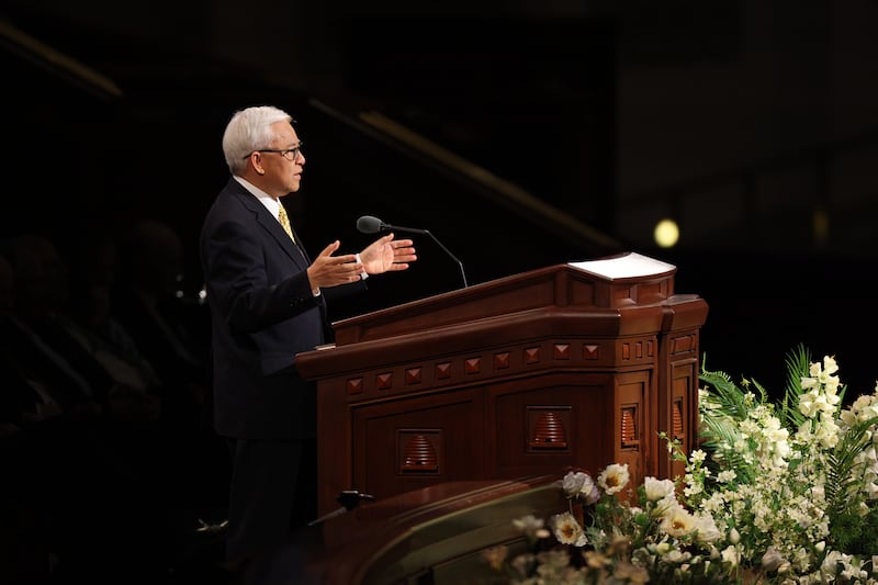Elder Chi Hong (Sam) Wong, General Authority Seventy, speaks during the Sunday afternoon session of the 196th Annual General Conference of The Church of Jesus Christ of Latter-day Saints in the Conference Center in Salt Lake City on April 5, 2026.