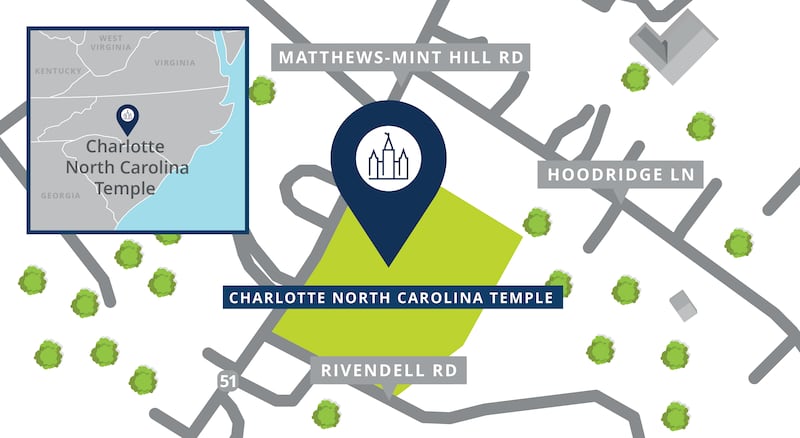 Un mapa del sitio del Templo de Charlotte, Carolina del Norte.