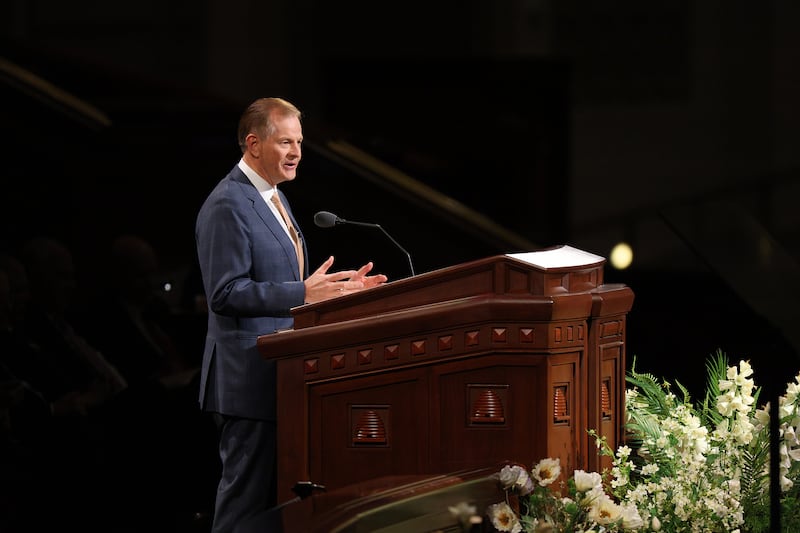 Elder Gary E. Stevenson of the Quorum of the Twelve Apostles speaks during the Saturday afternoon session of the 196th Annual General Conference of The Church of Jesus Christ of Latter-day Saints in the Conference Center in Salt Lake City on April 4, 2026.