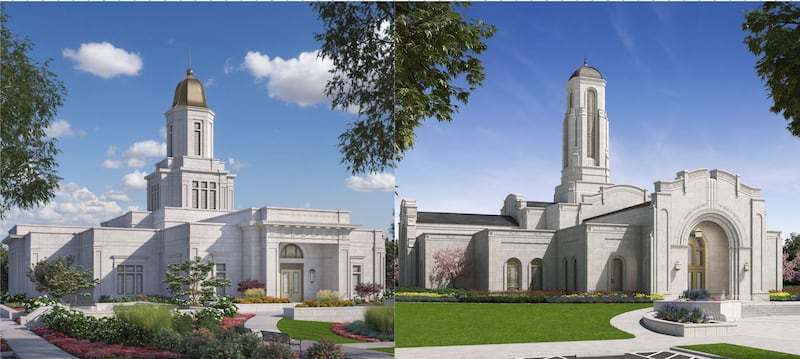 Representaciones del Templo de Knoxville, Tennessee, a la izquierda, y del Templo de Modesto, California.