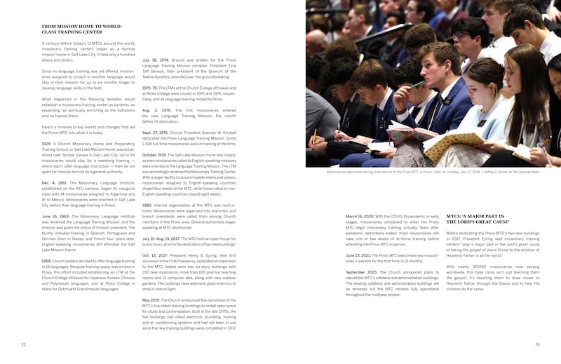 Las páginas 32-33 de la revista Obra Misional en La Iglesia de Jesucristo de los Santos de los Últimos Días publicada en septiembre de 2026 incluyen un artículo sobre la historia del Centro de Capacitación Misional de Provo.