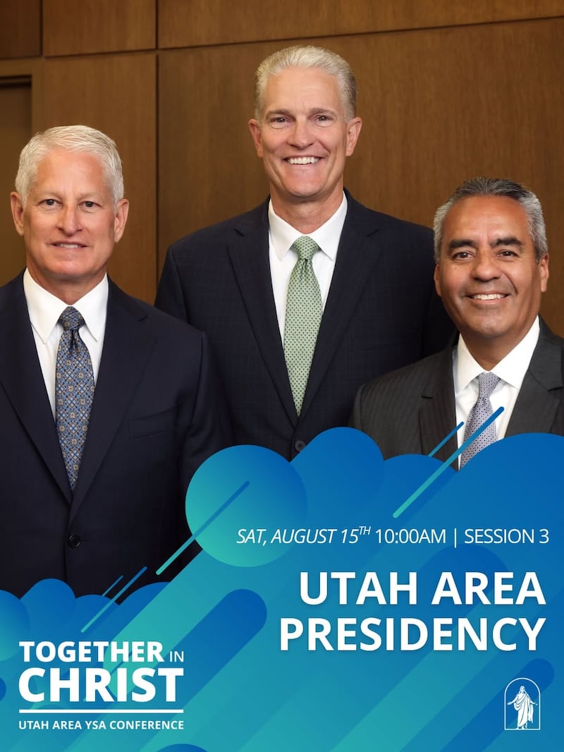 Los miembros de la presidencia del Área de Utah —élder Brian K. Taylor, centro; élder John A. McCune, izquierda; y élder Jorge T. Becerra, derecha— se anuncian como oradores principales de la Conferencia de Jóvenes Adultos del Área de Utah de 2026 en una publicación en redes sociales del 24 de julio.