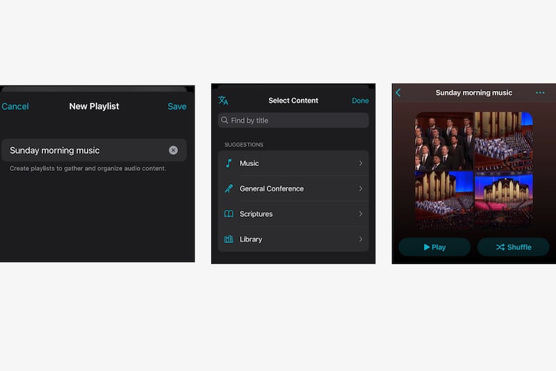 Una serie de capturas de pantalla de la aplicación Biblioteca del Evangelio muestra cómo crear una lista de reproducción, nombrarla y agregar contenido.
