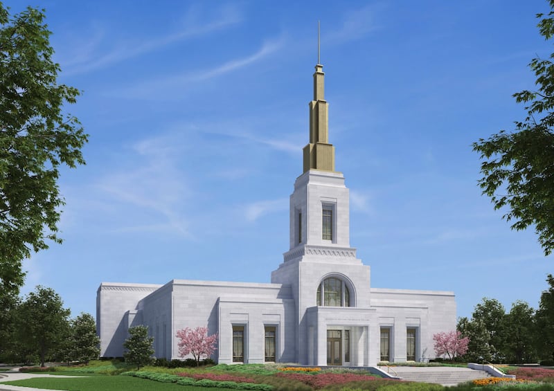 Una representación exterior del Templo de Colorado Springs, Colorado, un edificio de un piso con una torre central y una aguja.