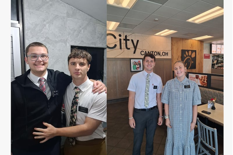 Dos fotografías de dos pares de hermanos sirviendo misiones en Fiji y Ohio.